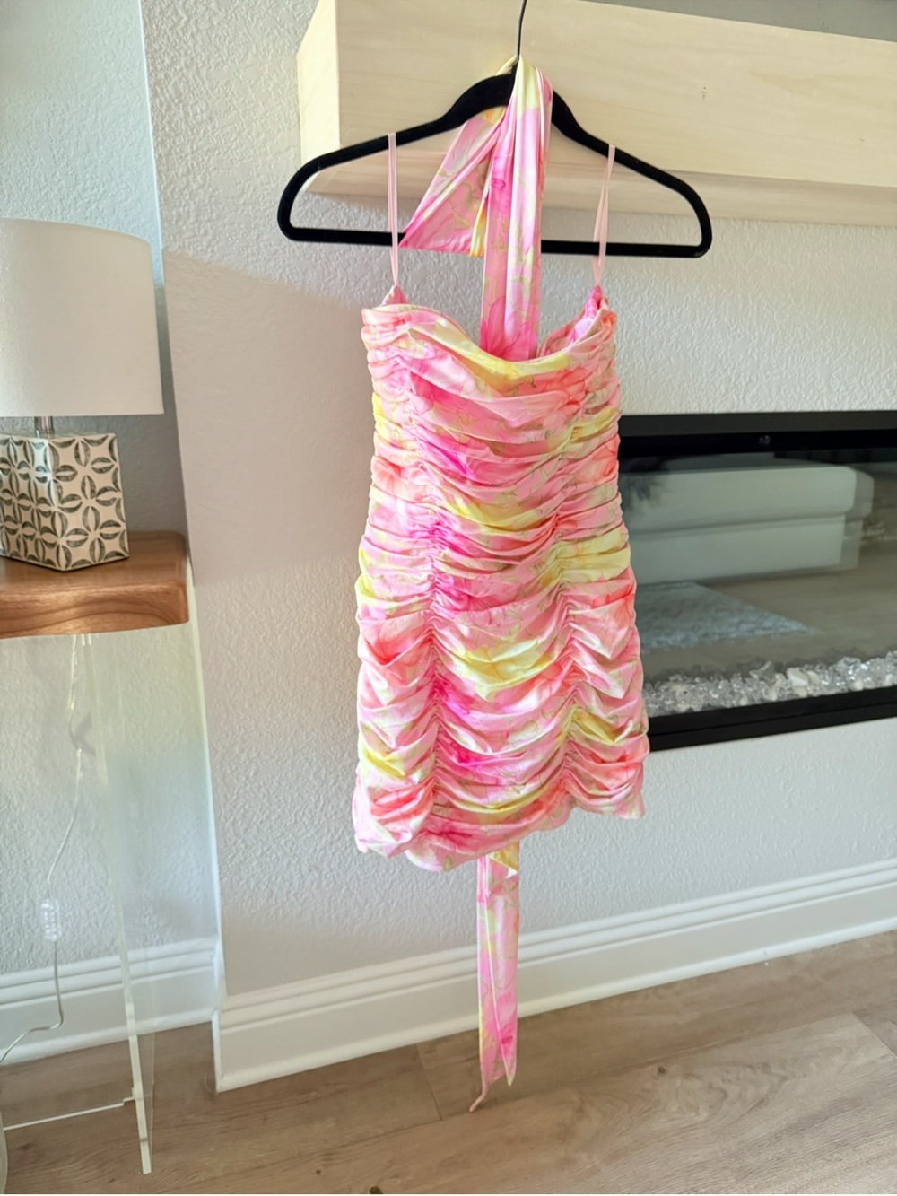 Loveshack Fancy Nerra Pink & Yellow Ruched Mini Dress missing flower